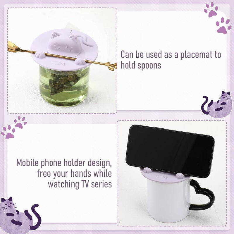 Ferrochef 4 Pcs Tea Bag Squeezer 4 Inch Silicone Tea Bag Holder & Squeezer Dishwasher Safe Purple Cute Cat-shaped Cup Silicone Lids Warm Cover Supplies - Image 5